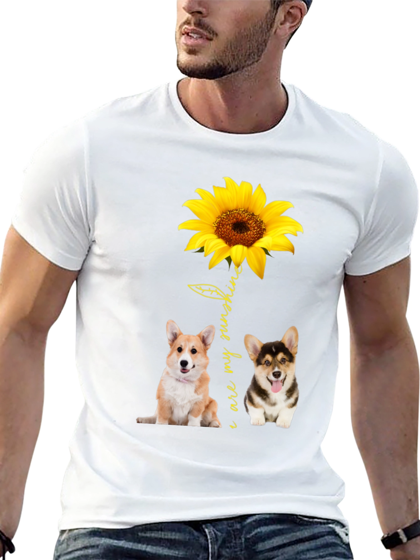 Corgi Sunflower Graphic Black T-Shirt