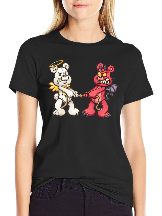 Angel vs. Devil Bear Tug-of-War Graphic T-Shirt