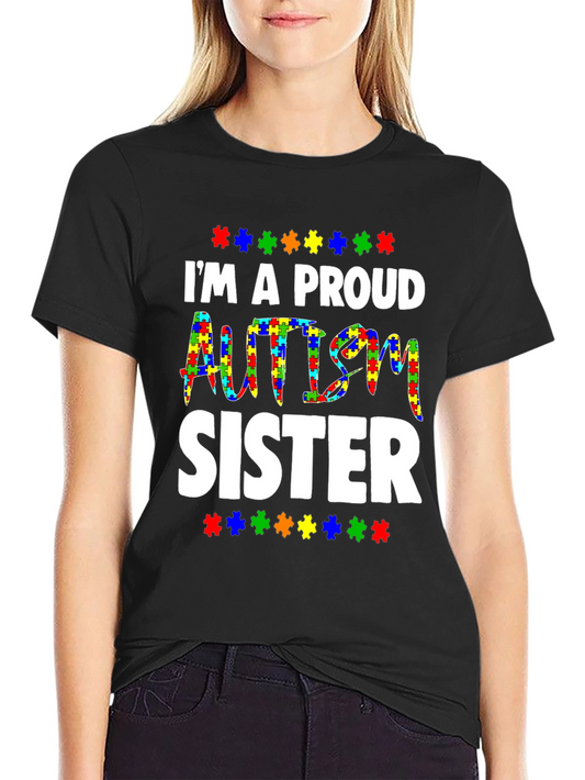 Proud Autism Sister T-Shirt - Puzzle Piece Design