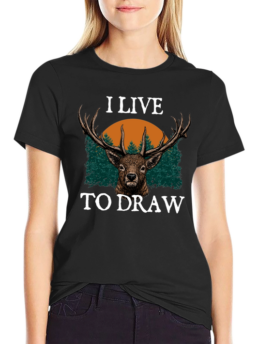 I Live to Draw Deer Graphic T-Shirt - Black