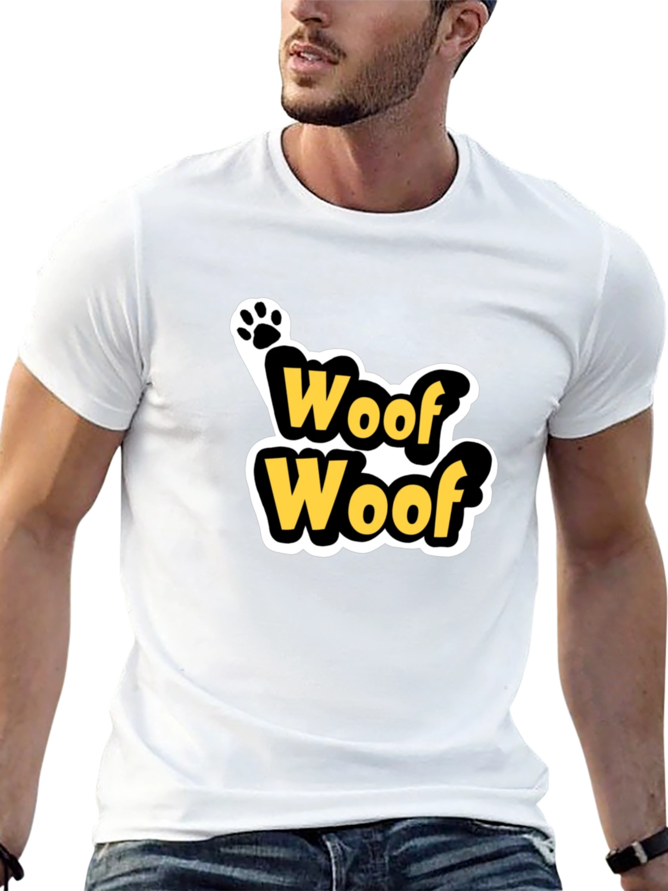 Woof Woof Dog Paw Print T-Shirt - Black