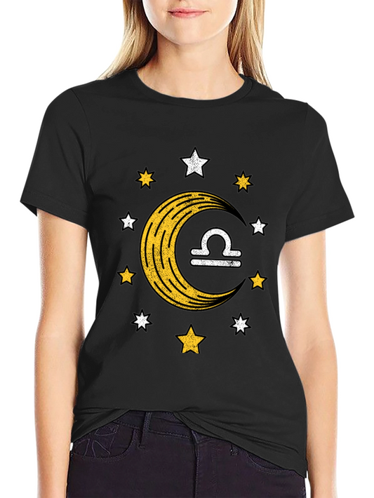 Libra Zodiac Black T-Shirt Moon and Stars Design