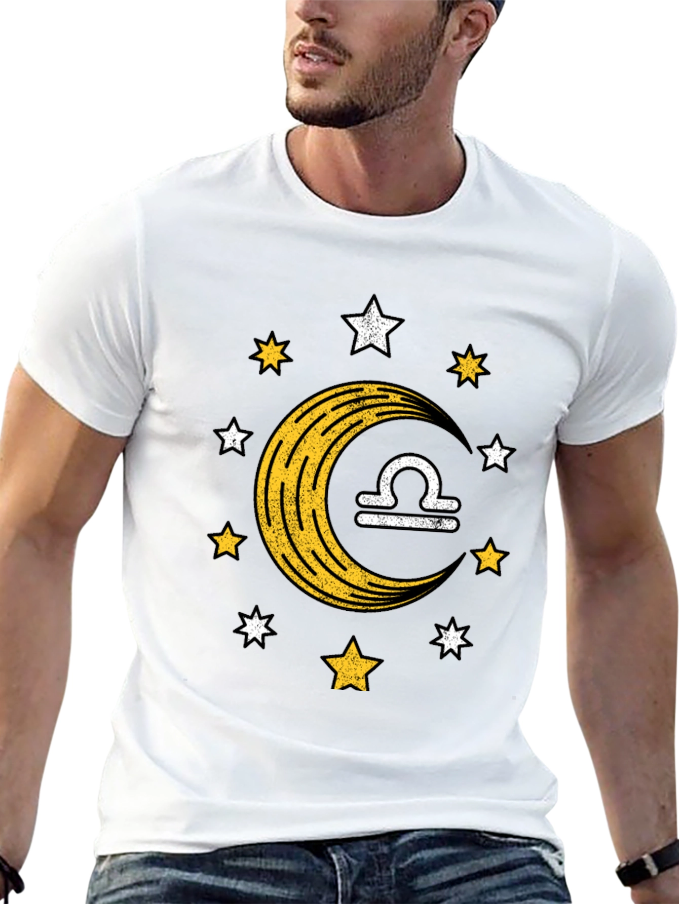 Libra Zodiac Black T-Shirt Moon and Stars Design