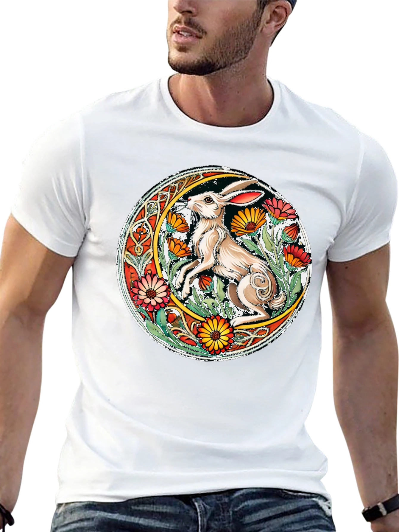 Celtic Hare Flower Circle Graphic T-Shirt