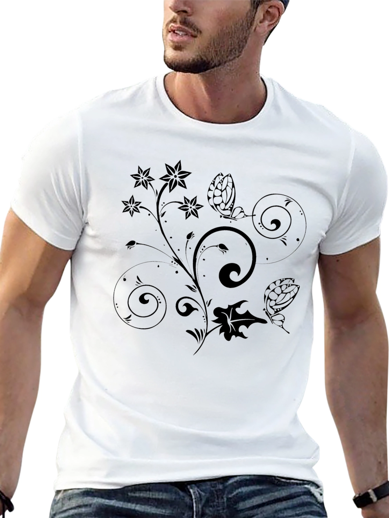 Floral Scrollwork Black T-Shirt
