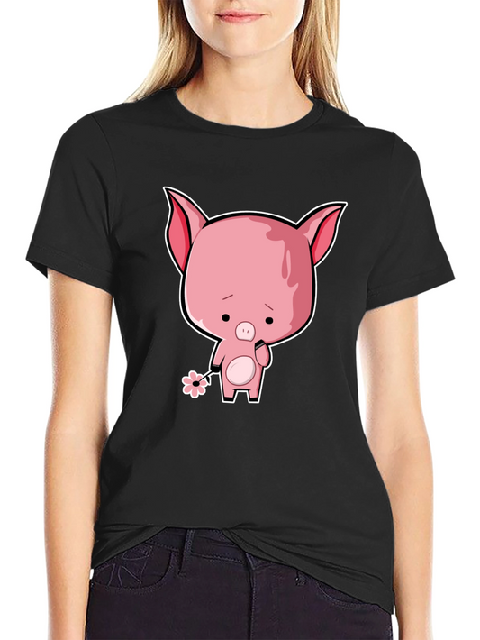 Sad Pig Cartoon T-Shirt - Black