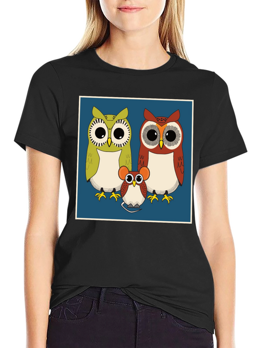 Owl Family Graphic Tee - Cute Cartoon Print T-Shirt