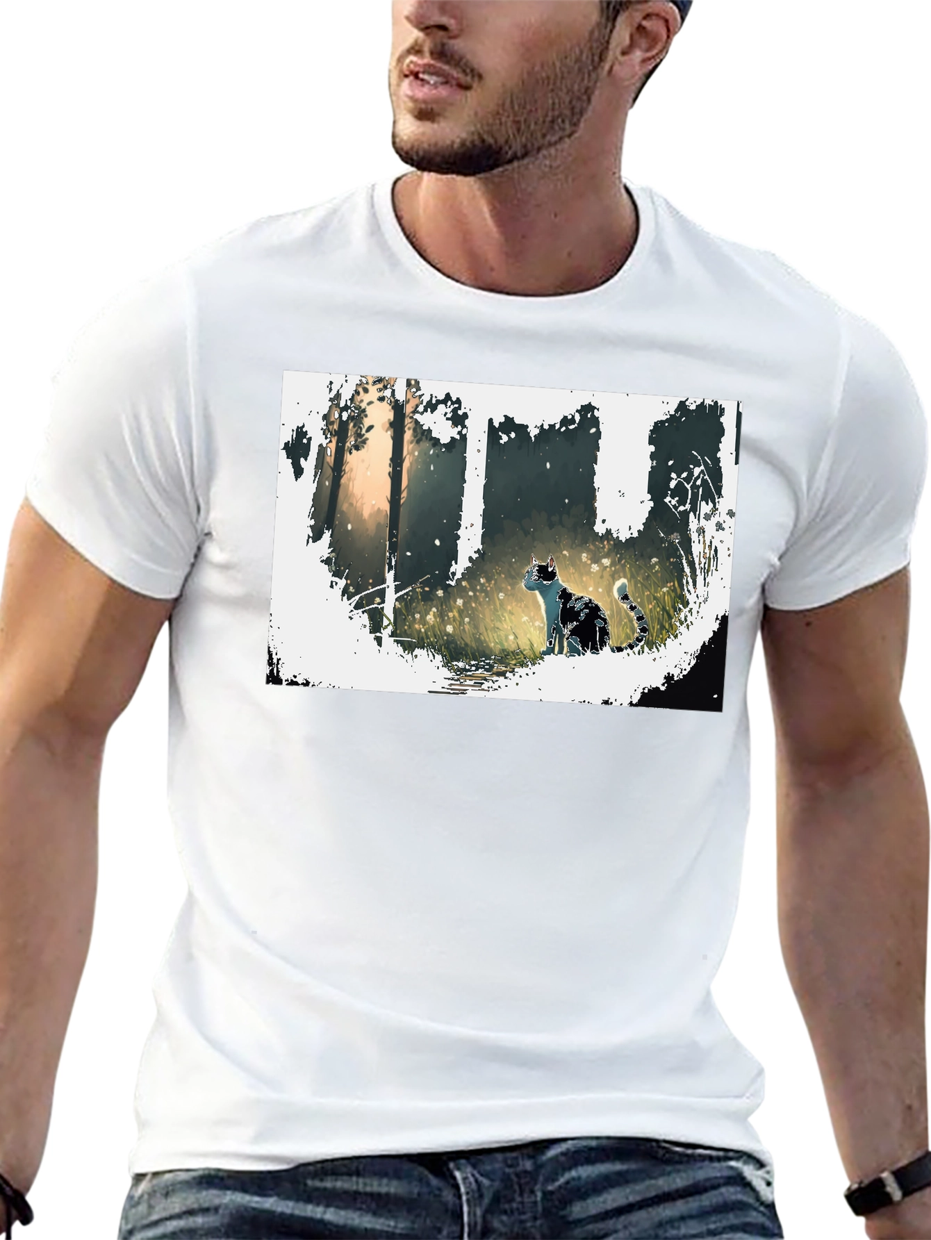 Nature Cat Graphic Tee - Stylish Black T-Shirt
