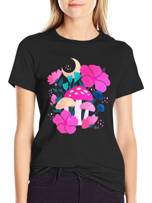 Floral Mushroom Graphic Tee - Trendy Black T-Shirt