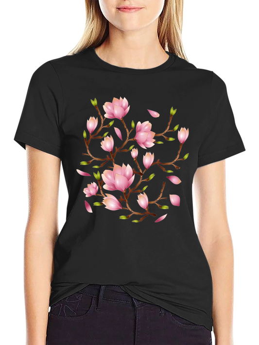 Floral Magnolia Branch Black T-Shirt
