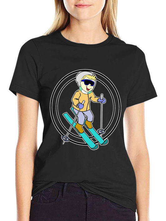 Cartoon Skier T-Shirt - Black Cotton Blend
