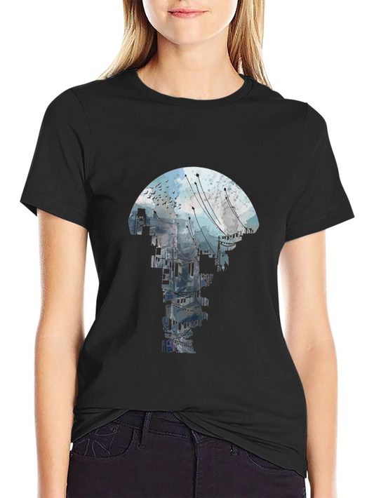Abstract Cityscape Graphic Tee - Black Crew Neck T-Shirt