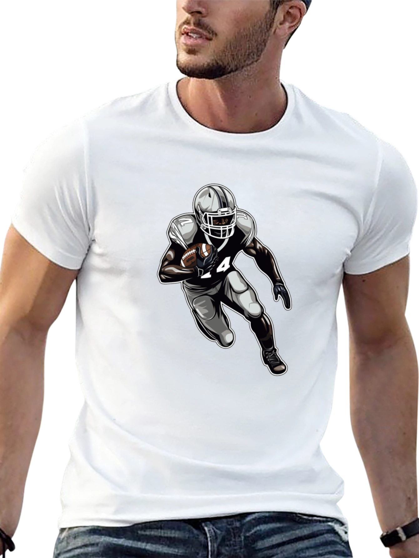 Football Player Graphic Tee - Black Cotton T-Shirt