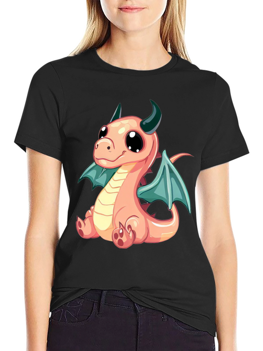 Cute Cartoon Dragon Graphic Tee - Black