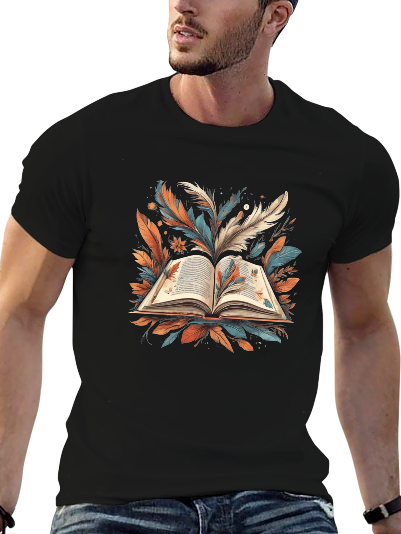 Artistic Book Feather Black T-Shirt