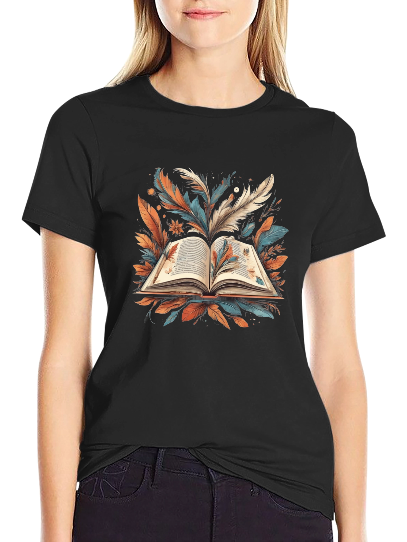 Artistic Book Feather Black T-Shirt