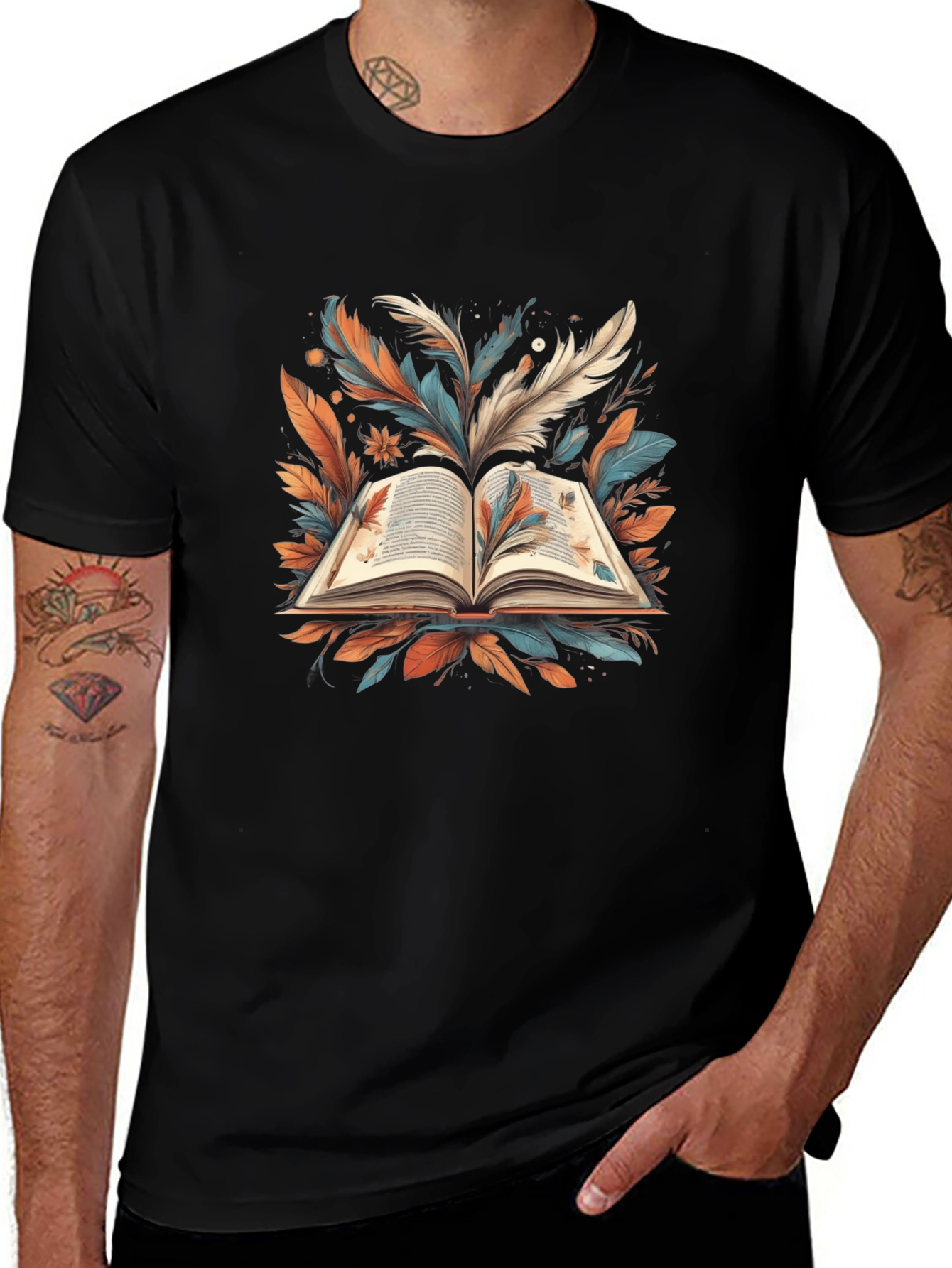 Artistic Book Feather Black T-Shirt