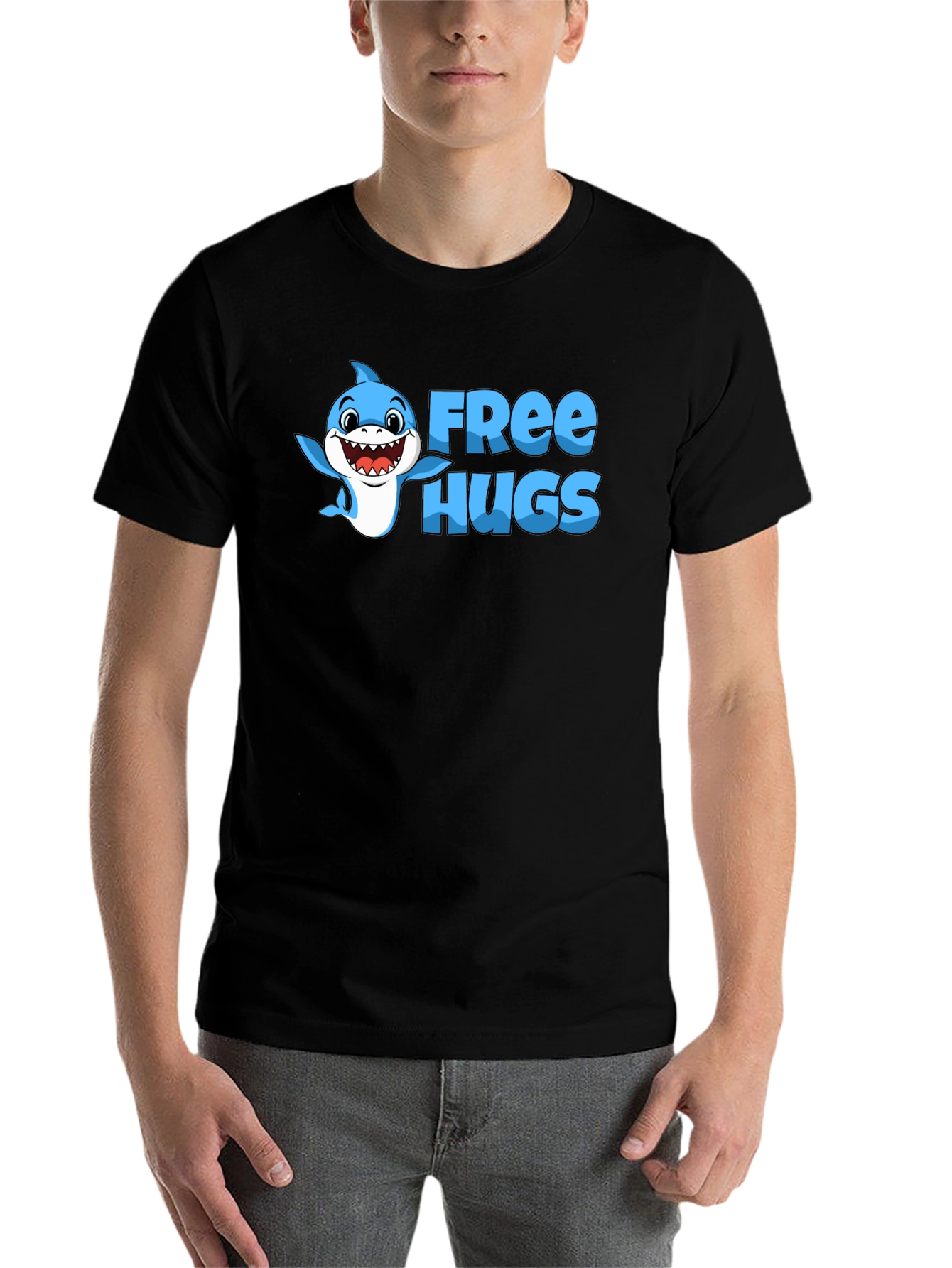 Free Hugs Shark Graphic Tee - Black Cotton Blend