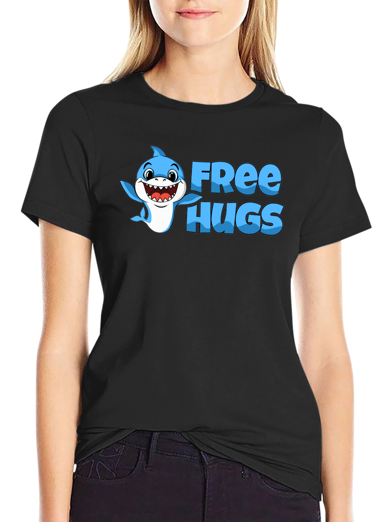 Free Hugs Shark Graphic Tee - Black Cotton Blend