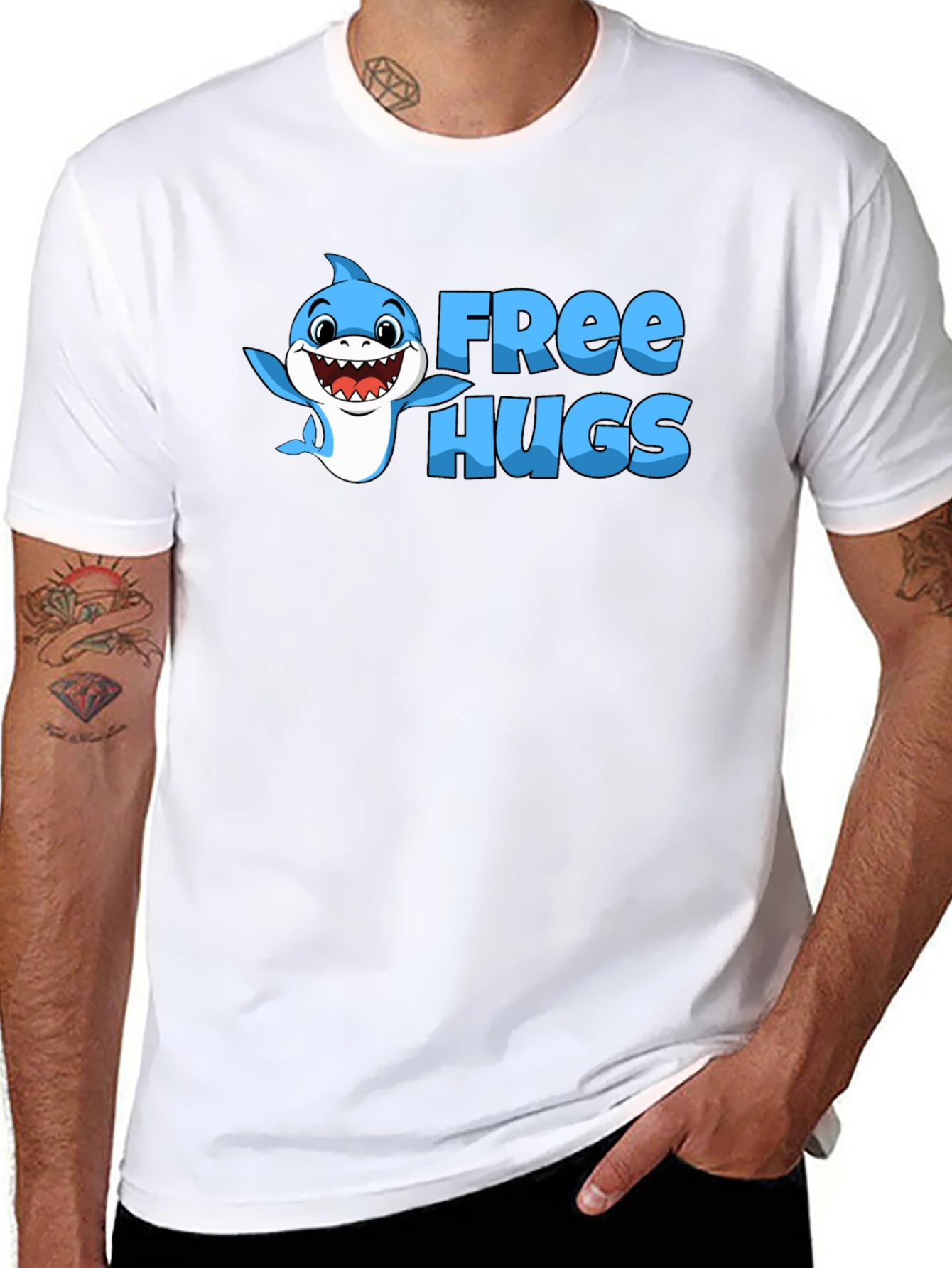 Free Hugs Shark Graphic Tee - Black Cotton Blend