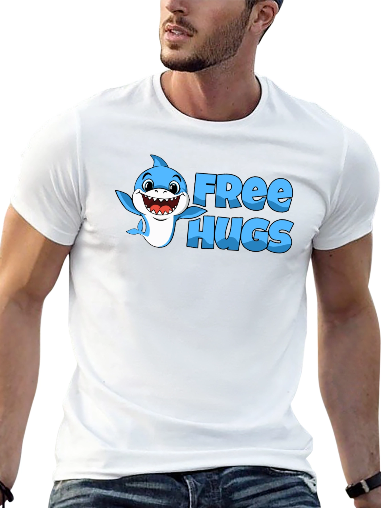 Free Hugs Shark Graphic Tee - Black Cotton Blend