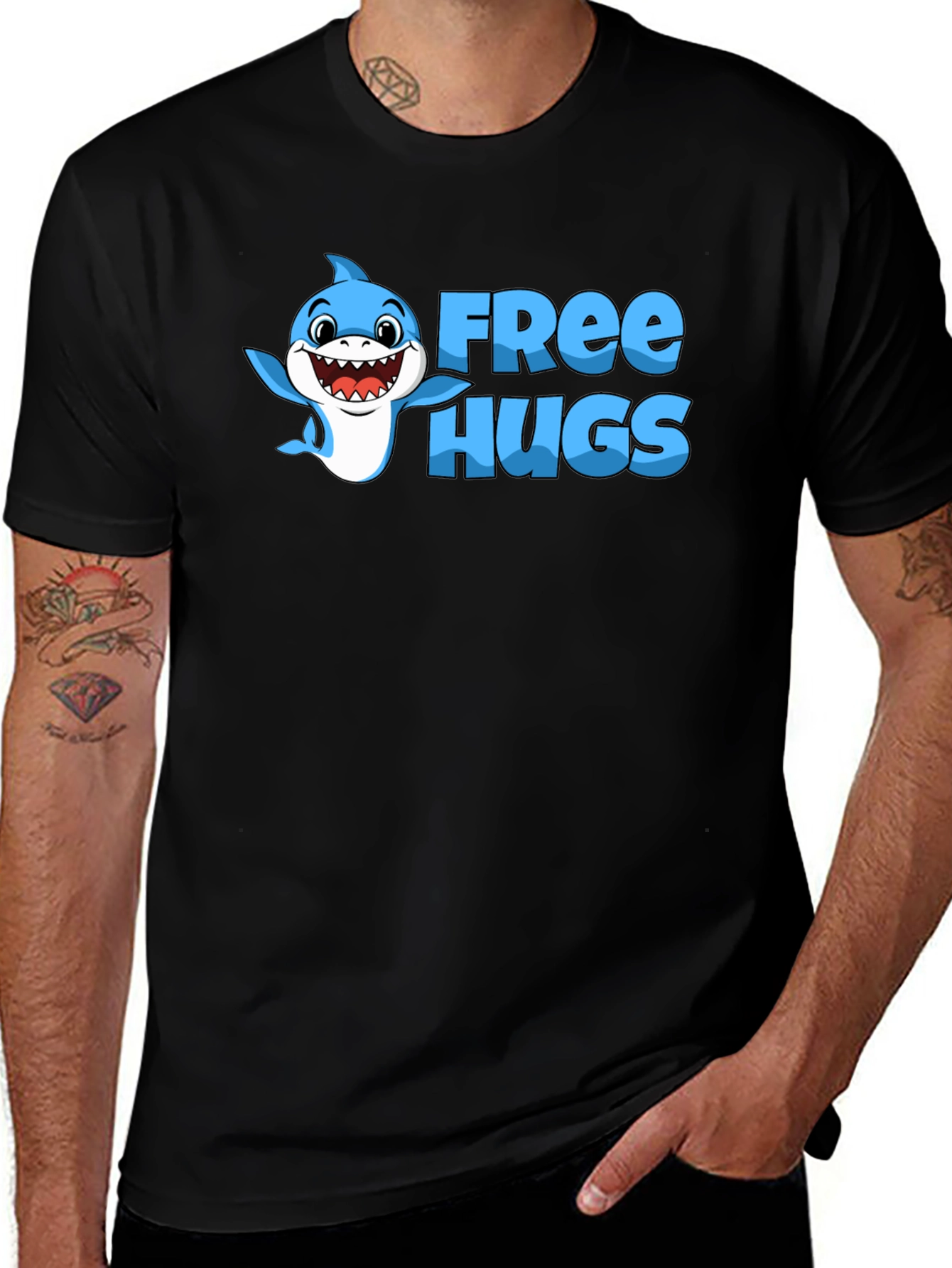 Free Hugs Shark Graphic Tee - Black Cotton Blend