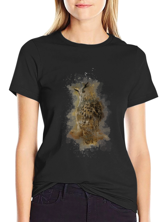 Owl Watercolor Graphic Print Mens Black T-Shirt