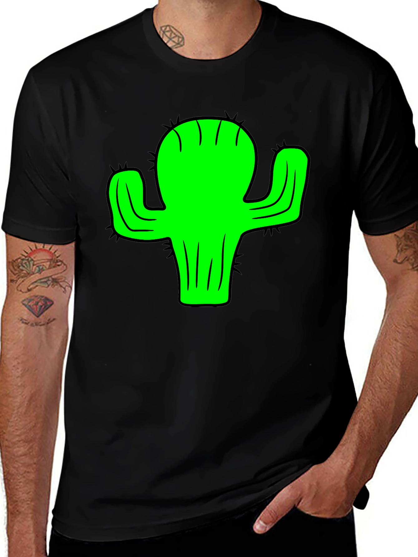 Green Cactus Graphic Black T-Shirt