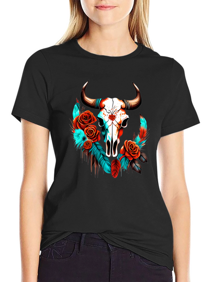 Skull & Roses Graphic Tee - Western Style