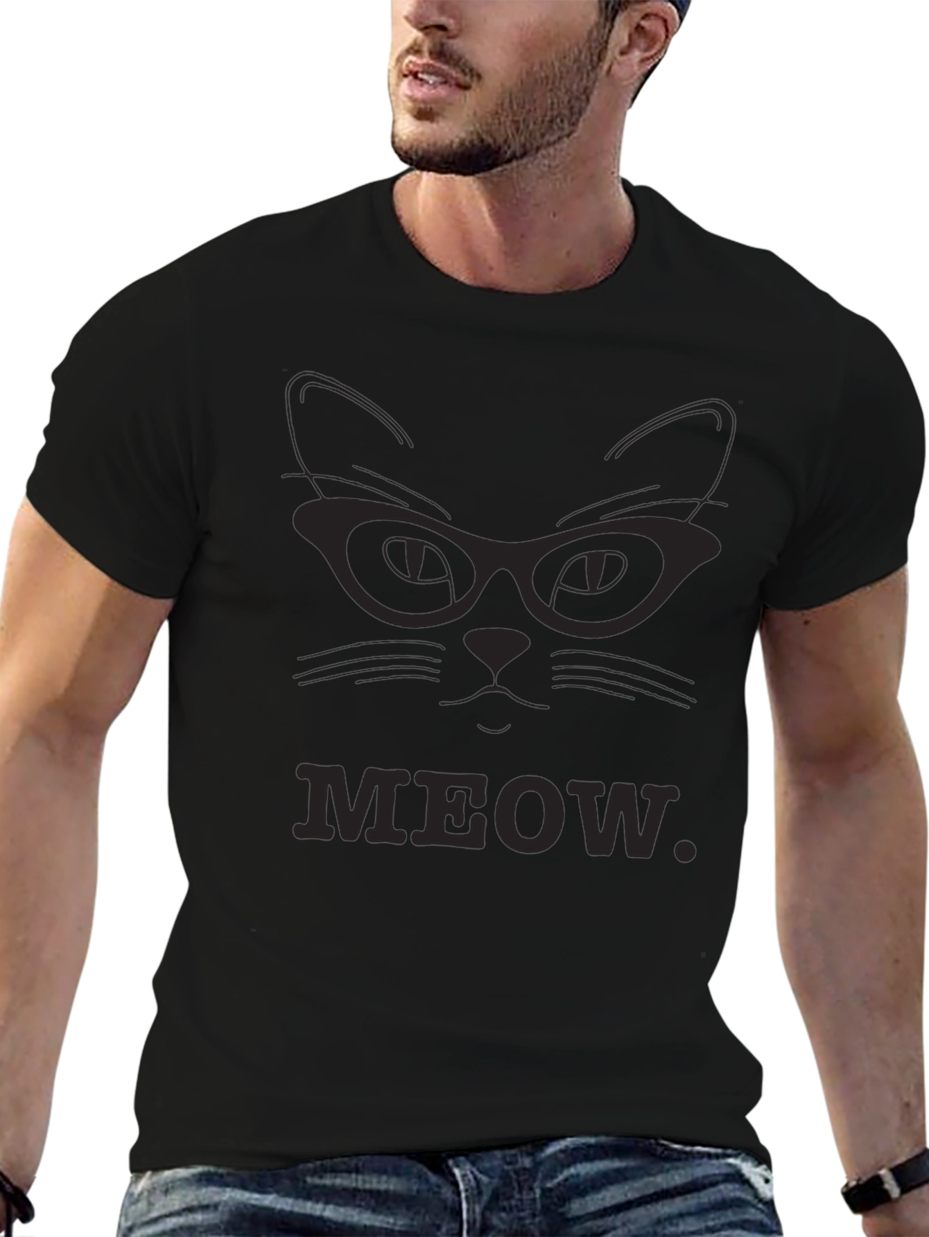 Meow Cat Glasses T-Shirt - Black