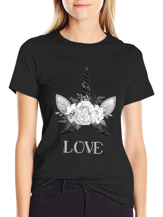Floral Unicorn LOVE T-Shirt - Black