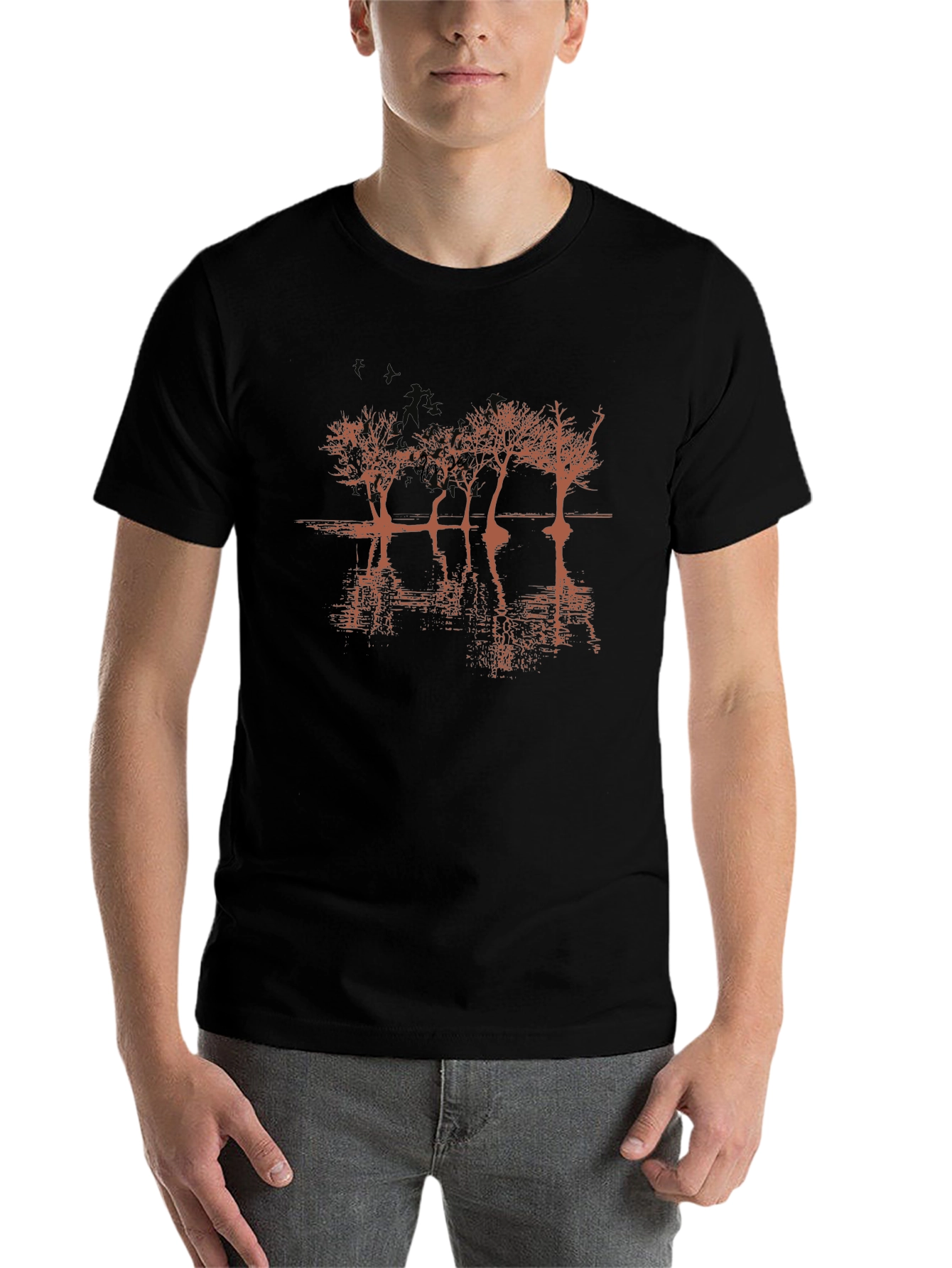 Mens Black Graphic T-Shirt - Tree Reflection Design
