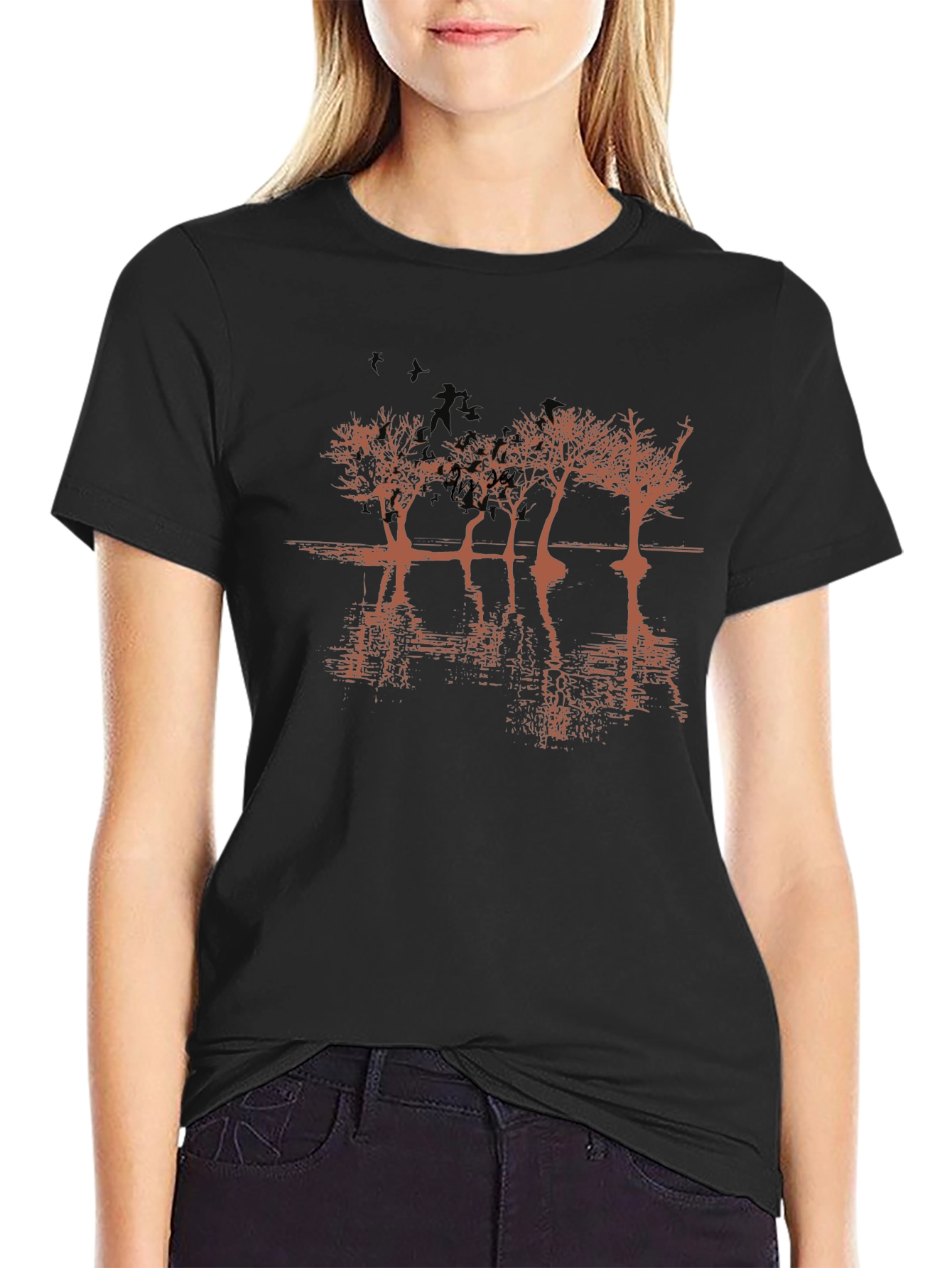 Mens Black Graphic T-Shirt - Tree Reflection Design