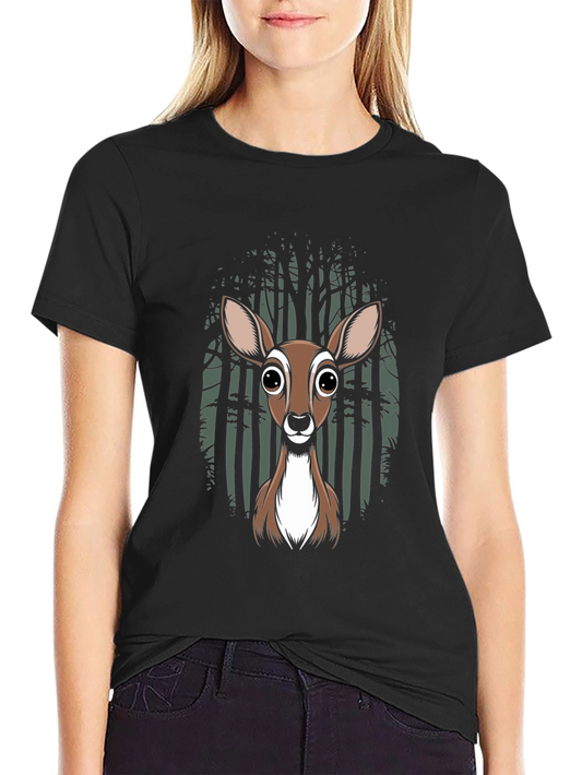 Deer in Forest Graphic Tee - Black Cotton Blend T-Shirt