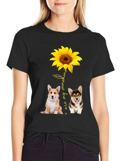 Corgi Sunflower Graphic Black T-Shirt