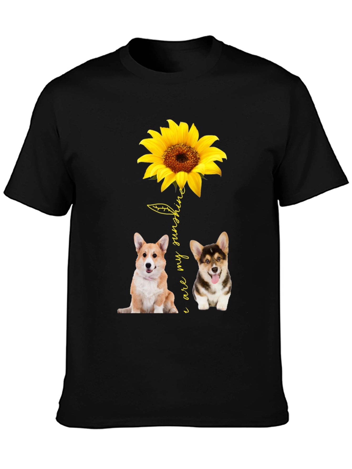 Corgi Sunflower Graphic Black T-Shirt