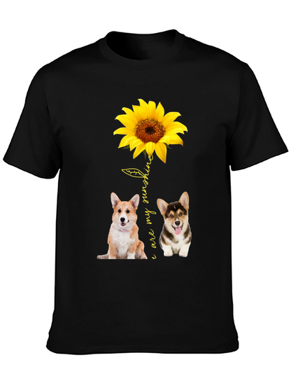 Corgi Sunflower Graphic Black T-Shirt