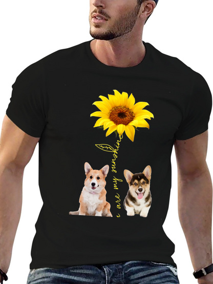 Corgi Sunflower Graphic Black T-Shirt