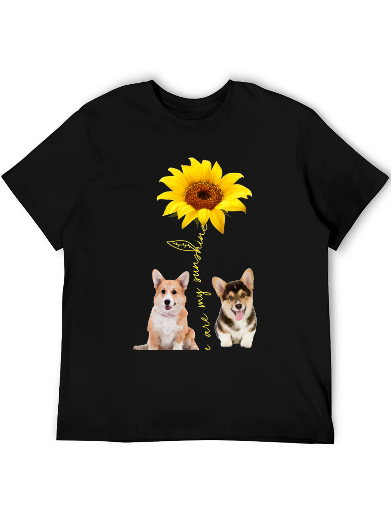 Corgi Sunflower Graphic Black T-Shirt