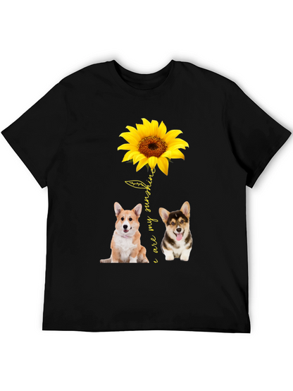 Corgi Sunflower Graphic Black T-Shirt