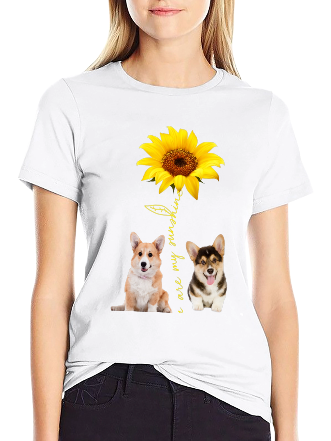Corgi Sunflower Graphic Black T-Shirt