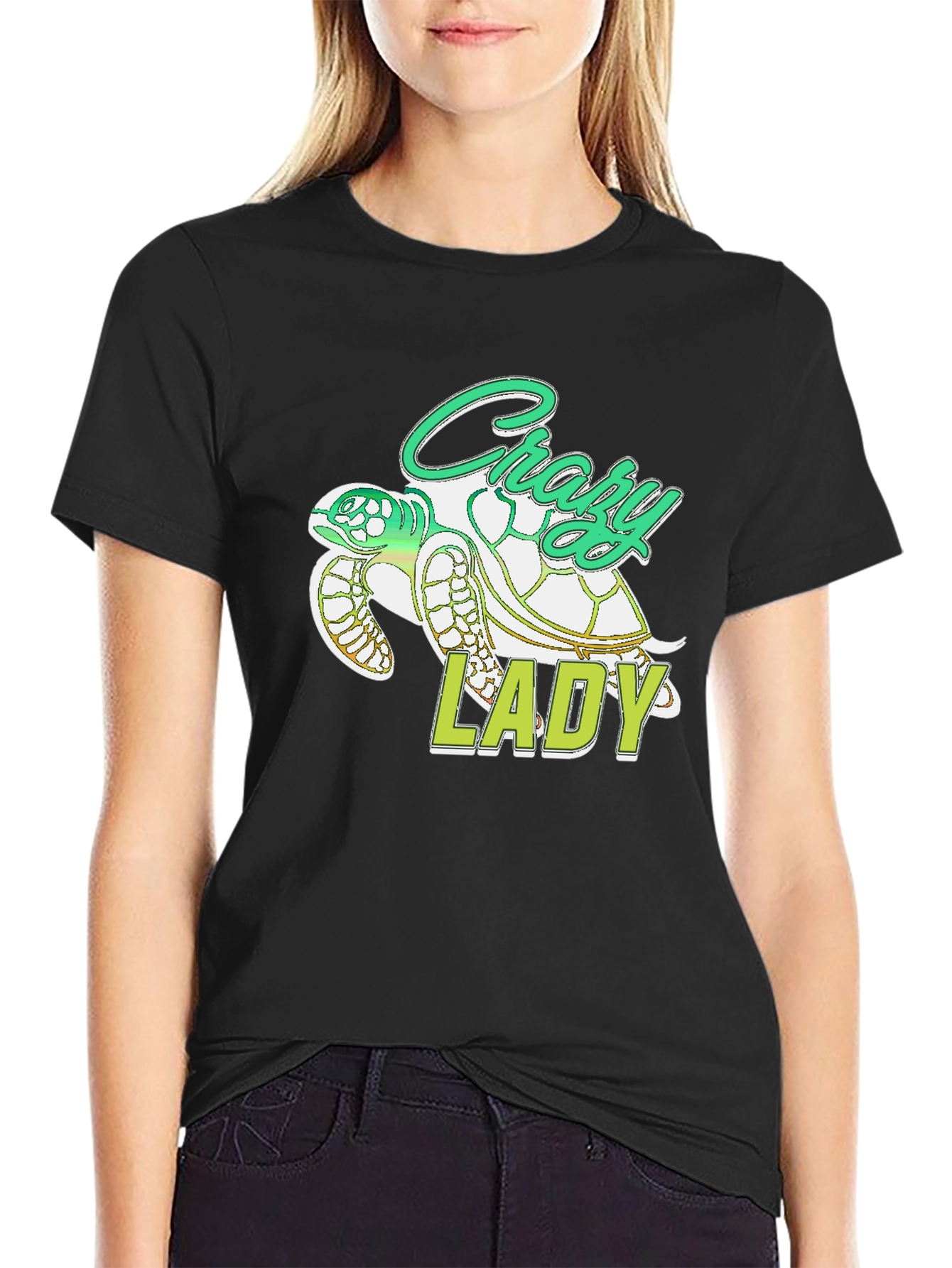 Crazy Lady Turtle T-Shirt - Black