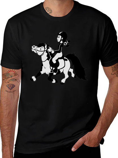 Cartoon Horse Riding Black T-Shirt