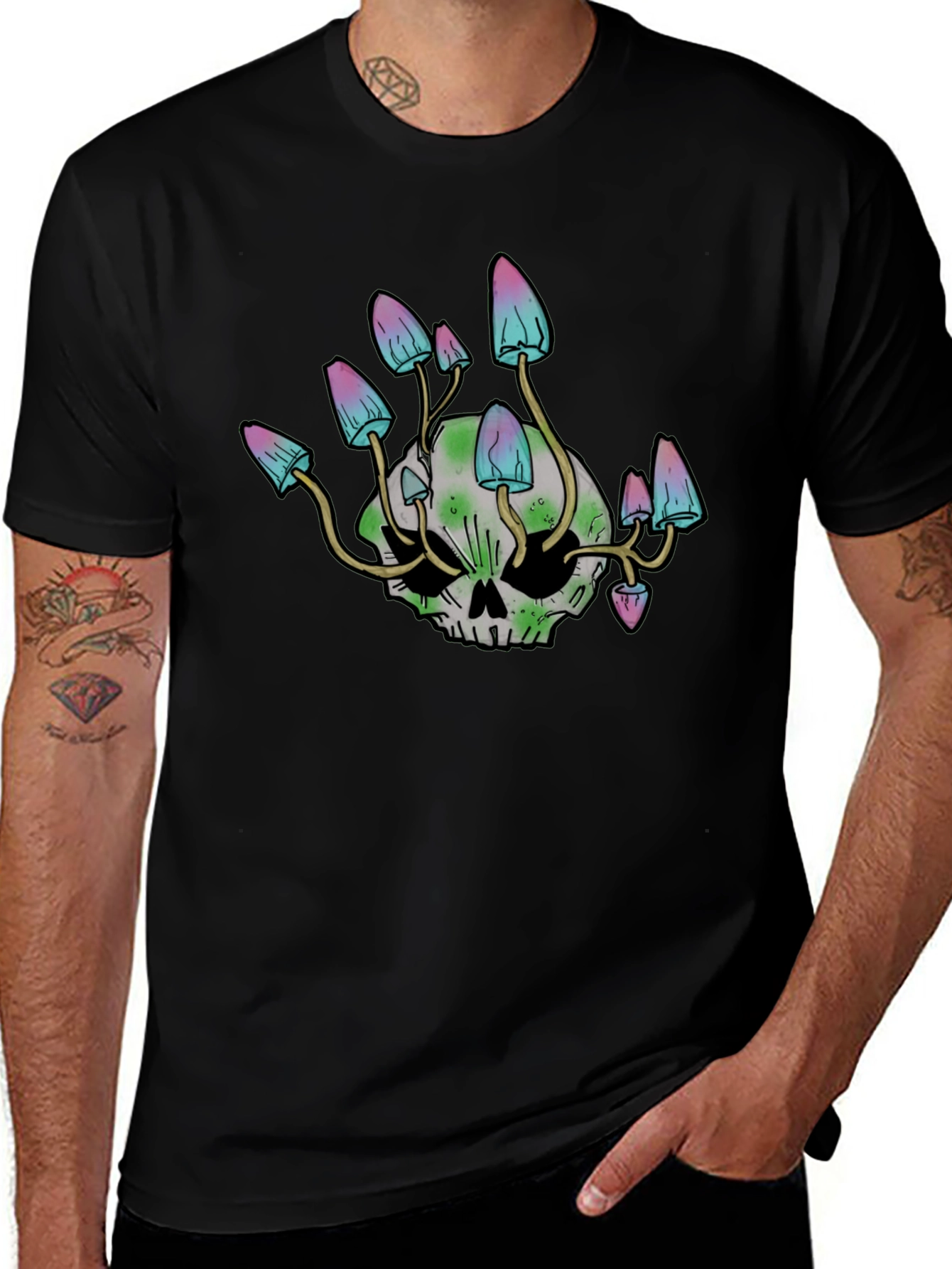 Skull Mushroom Graphic Tee - Black Cotton Blend Shirt