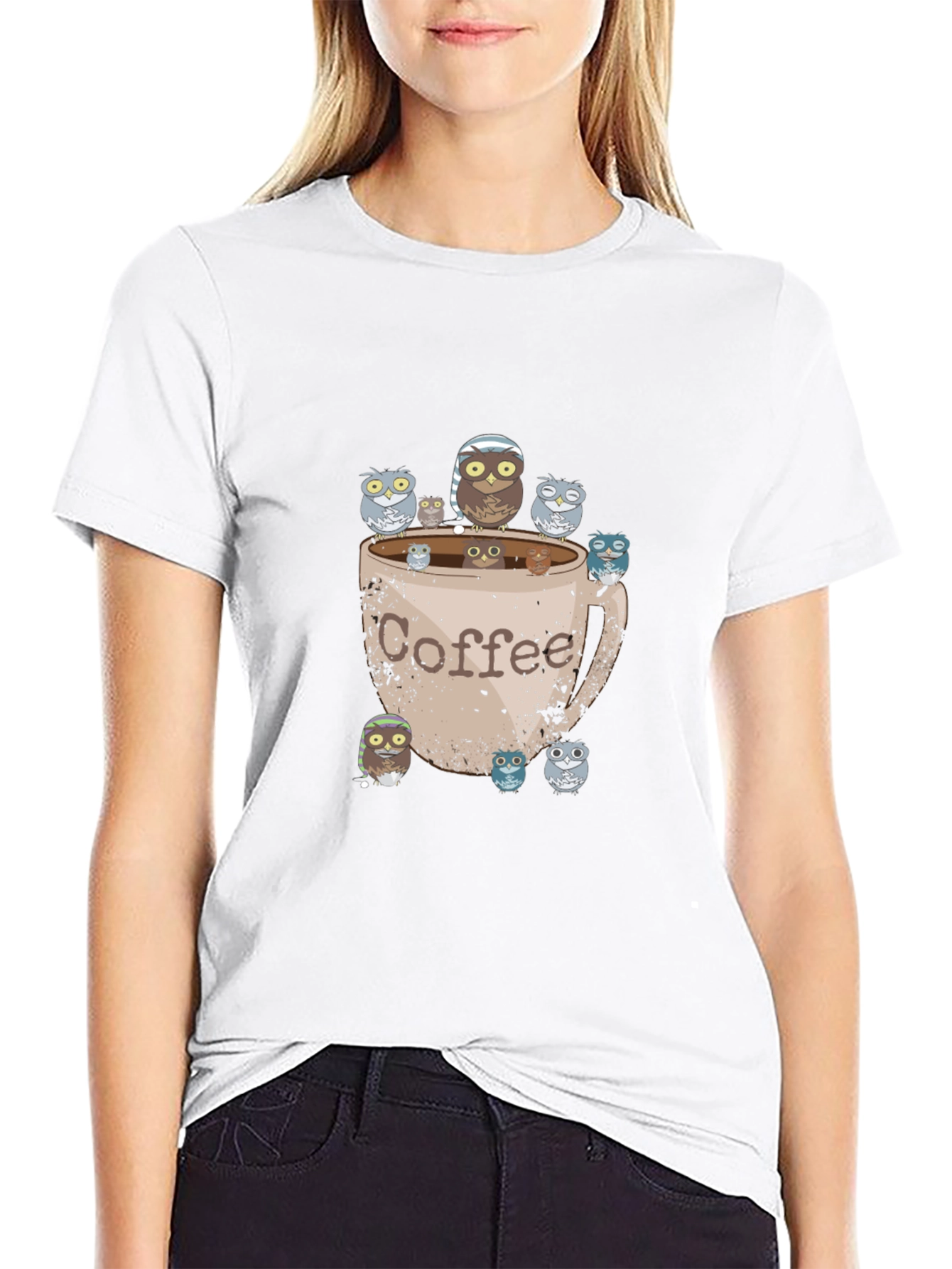 Coffee Owl Graphic Tee - Black Cotton T-Shirt