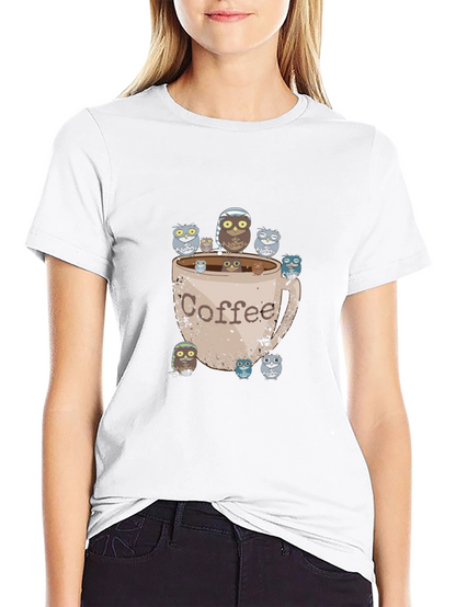 Coffee Owl Graphic Tee - Black Cotton T-Shirt