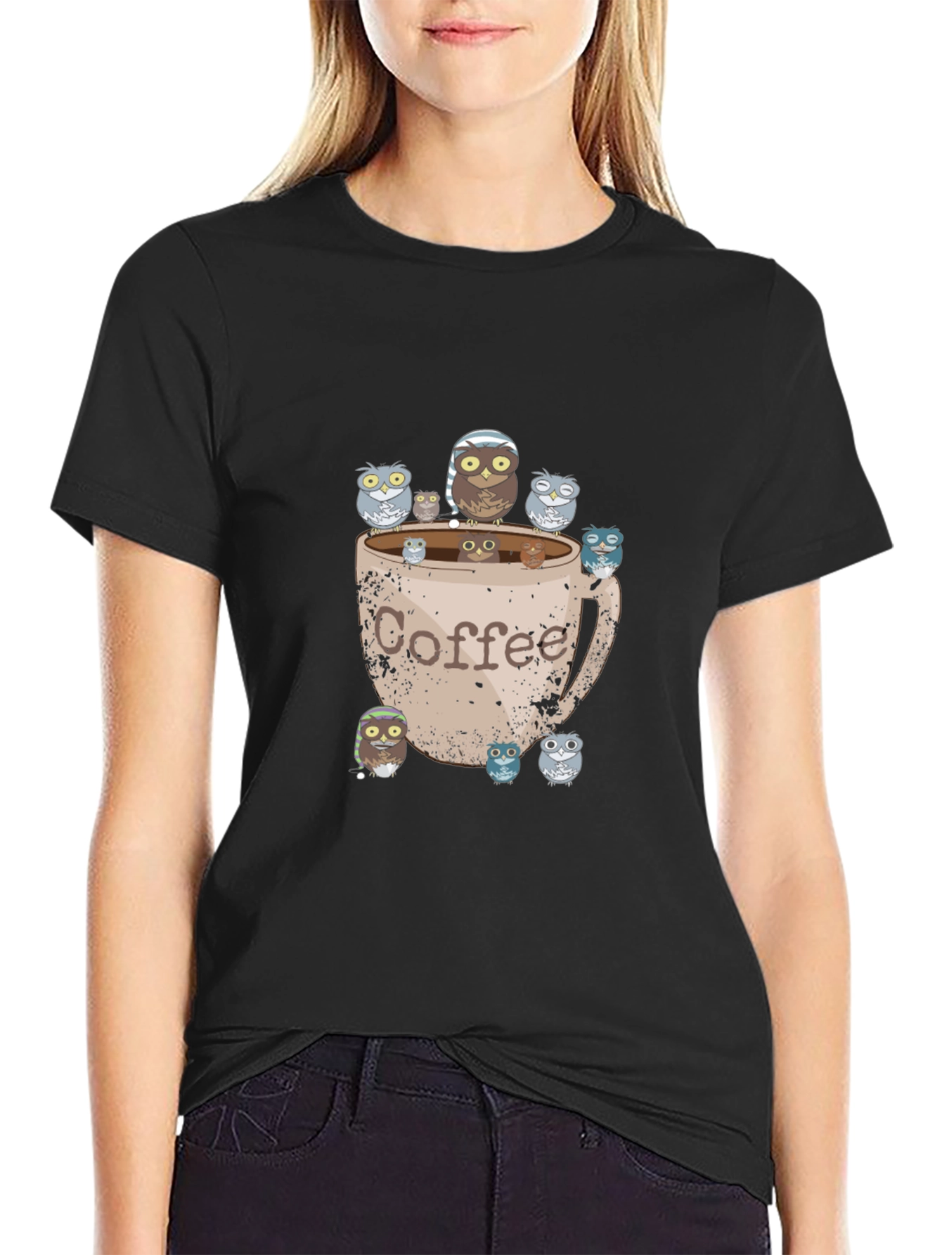 Coffee Owl Graphic Tee - Black Cotton T-Shirt