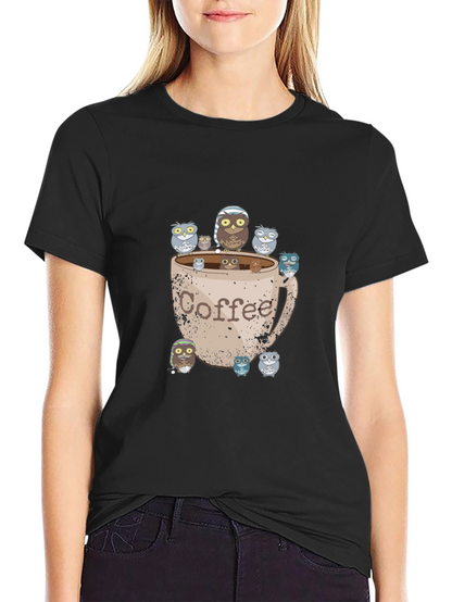 Coffee Owl Graphic Tee - Black Cotton T-Shirt