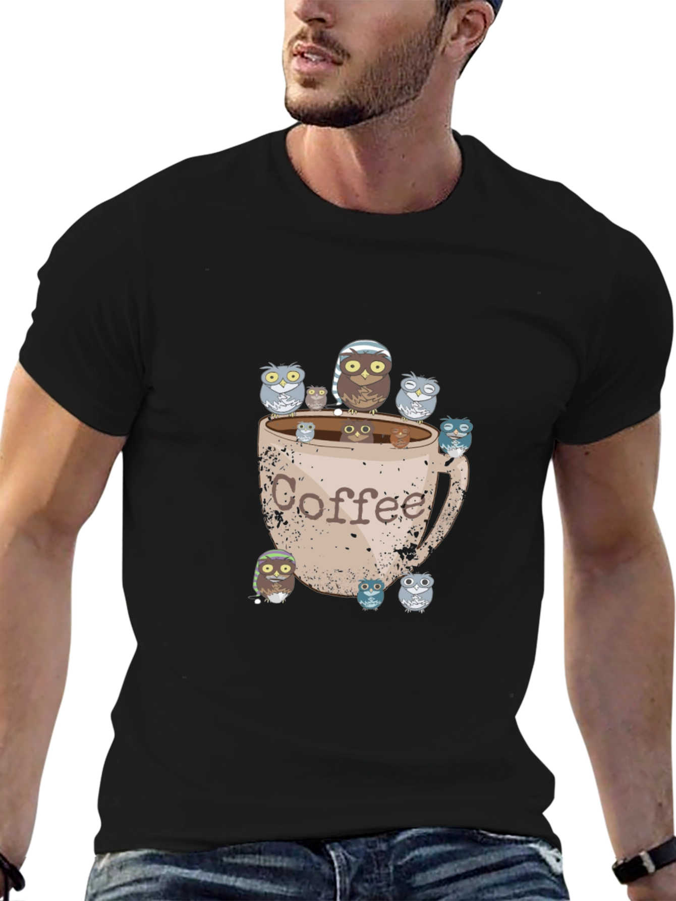 Coffee Owl Graphic Tee - Black Cotton T-Shirt