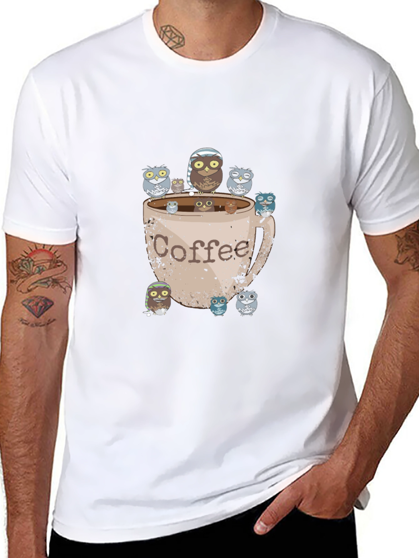 Coffee Owl Graphic Tee - Black Cotton T-Shirt